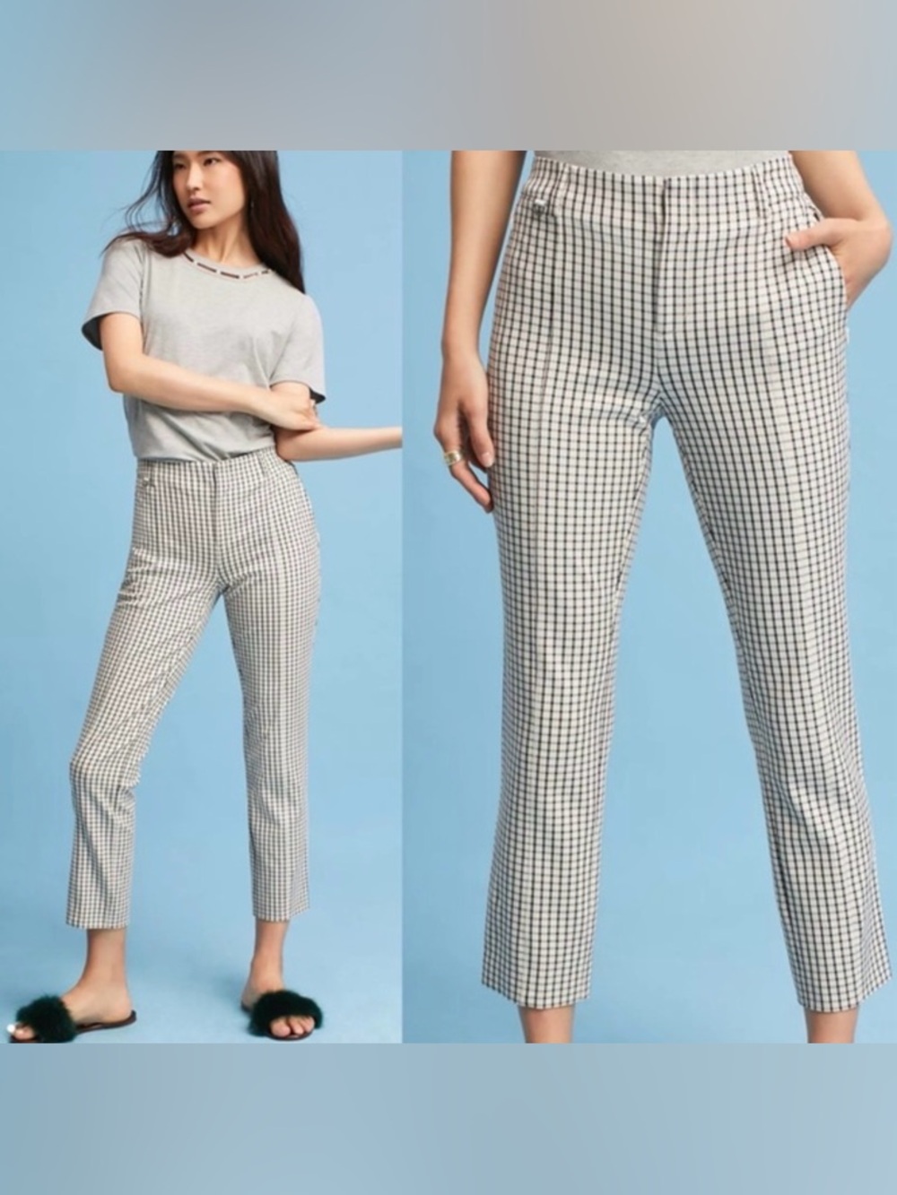 Anthropologie Essential Slim Plaid Pants Size 8 Black White Check Ankle